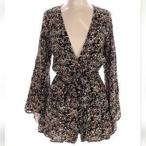 Free People Long Sleeve Floral Romper – Sz L NWT Black/Peach V-Neck Jumpsuit
